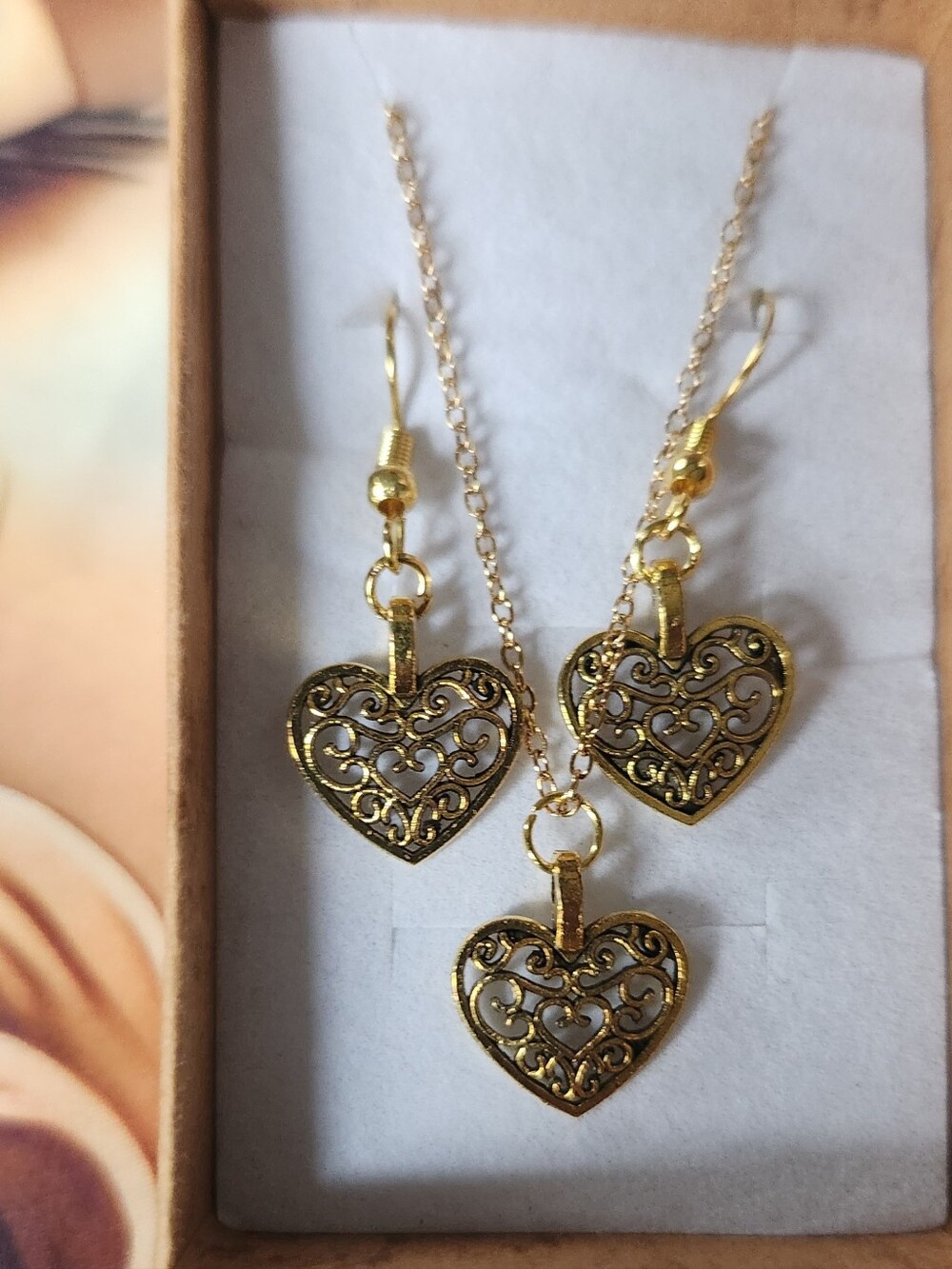 Gold Tone Filagrer Heart Charms On 24kt Gold Stainless Steel Earwirrs & Chain